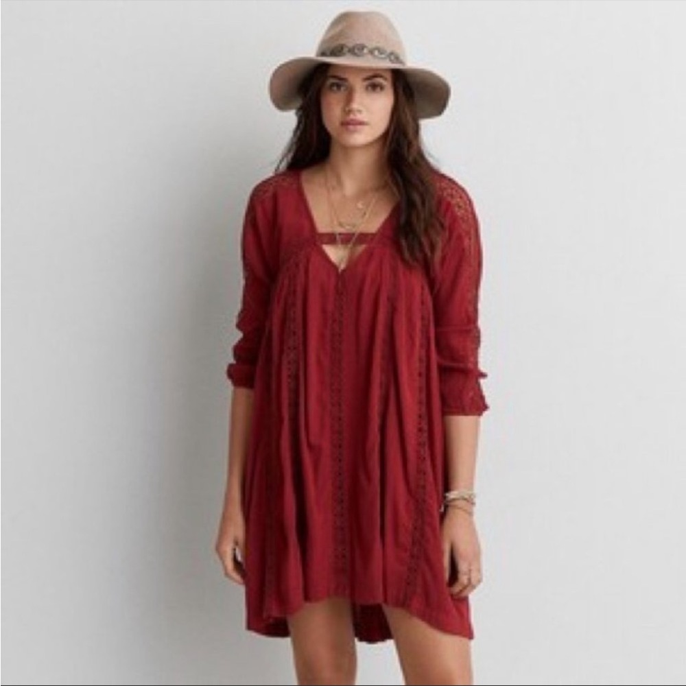 American Eagle Red Crochet Lace Long-Sleeve Babydoll Dress Size XS Bohemian AEO.